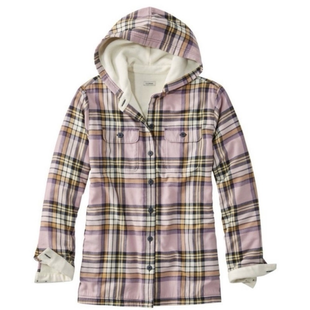 LL Bean Pink Plaid Fleece Lined Flannel Hoodie Shirt Jacket Shacket Pockets MED
